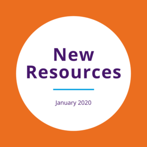 "New resources January 2020" written on a white circle over an orange background