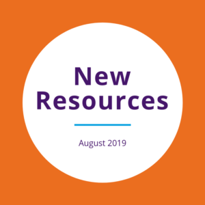 "New resources August 2019" written on a white circle over an orange background