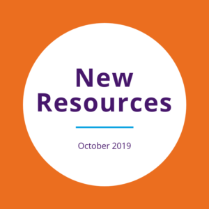 "New Resources October 2019" written on a white circle over an orange background