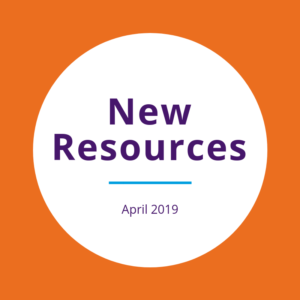 "New resources April 2019" written on a white circle over an orange background.